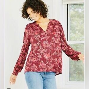 Knox Rose Women’s Maroon Red Floral V-Neck Long Sleeve Boho Button Up Knit Top